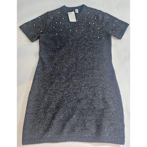 New Divided Small Beaded Fine-Knit Dress in Dark Gray Melange Short Sleve Mini